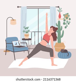 Online sport. Home healthy training webinar. Fitness, yoga internet course, distance class. Exercise positive concept. Online sport activity. Sport stream, virtual coach, teacher. Vector illustration