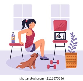 Online sport. Home healthy training webinar. Fitness, yoga internet course, distance class. Exercise positive concept. Online sport activity. Sport stream, virtual coach, teacher. Vector illustration