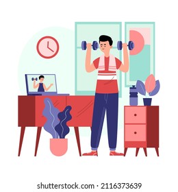 Online sport. Home healthy training webinar. Fitness, yoga internet course, distance class. Exercise positive concept. Online sport activity. Sport stream, virtual coach, teacher. Vector illustration