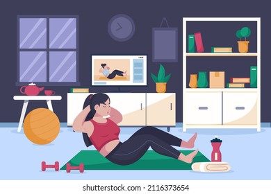 Online sport. Home healthy training webinar. Fitness, yoga internet course, distance class. Exercise positive concept. Online sport activity. Sport stream, virtual coach, teacher. Vector illustration