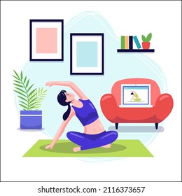 Online sport. Home healthy training webinar. Fitness, yoga internet course, distance class. Exercise positive concept. Online sport activity. Sport stream, virtual coach, teacher. Vector illustration