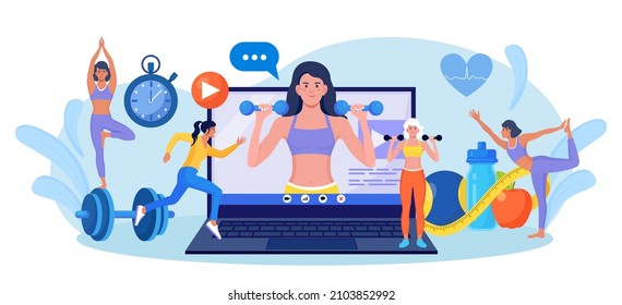 Online sport lesson and fitness course on laptop screen. Sportive Woman Training at Home with sport equipment. Cardio, yoga and bodybuilding classes. Trainer conducts strength training using website