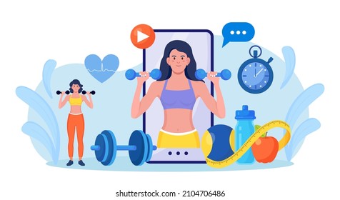 Clases de deporte en línea y curso de fitness en pantalla telefónica. Entrenamiento de mujeres deportivas en casa con equipamiento deportivo. clases de cardio, yoga y de musculación. El instructor imparte capacitación sobre la fortaleza utilizando el sitio web