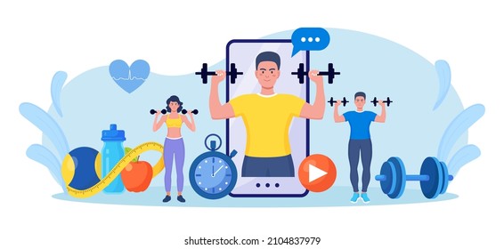 Online sport lesson and fitness course on phone screen. Sportive man training at home with sport equipment. Cardio, yoga and bodybuilding classes. Trainer conducts strength training using website