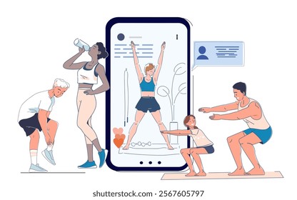 Online sport lesson. Men and women squat near huge smartphone with fitness trainer. Active lifestyle and sports. Training and workout. Physical activity. Linear vector illustration