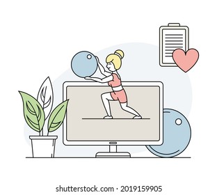 Online Sport and Physical Exercise with Computer Screen Girl with Fitball Line Vector Illustration
