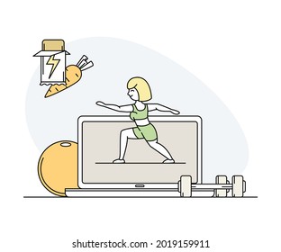 Online Sport and Physical Exercise with Computer Screen, Fitball and Dumbbell Line Vector Illustration