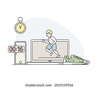 Online Sport and Physical Exercise with Computer Screen, Timer and Running Shoes Line Vector Illustration