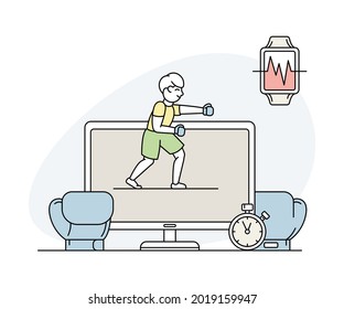 Online Sport and Physical Exercise with Computer Screen, Timer and Boxing Gloves Line Vector Illustration