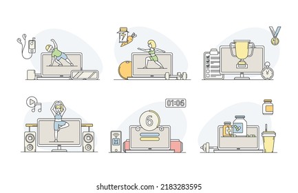 Online Sport and Physical Exercise with Computer Screen and Timer Vector Set