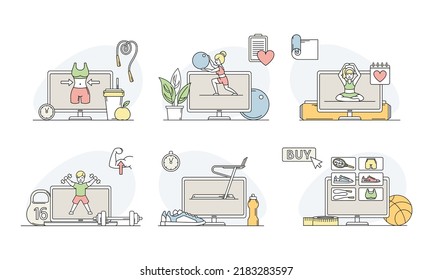 Online Sport and Physical Exercise with Computer Screen and Timer Vector Set