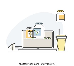 Online Sport and Physical Exercise with Laptop Screen and Dietary Supplement in Bottle Line Vector Illustration