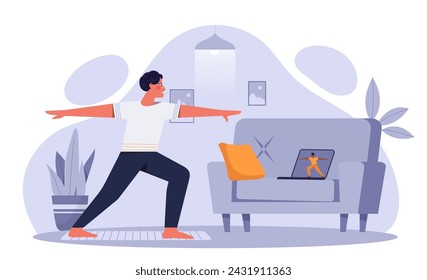 Online sport training. Man practice yoga indoor. Young guy watch fitness video. Active lifestyle and training, workout. Cartoon flat vector illustration isolated on white background