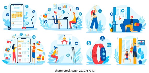 Online sport training vector illustration set, cartoon flat active people do exercise activity with coach trainer, loss bodyweight