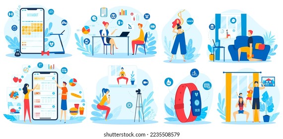 Online sport training vector illustration set, cartoon flat active people do exercise activity with coach trainer, loss bodyweight