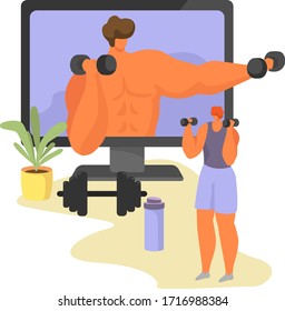Online sport tutorial vector illustrations. Cartoon woman man characters in healthy sport activity using video lessons app on smartphone or computer, active people sporting set icons isolated on white