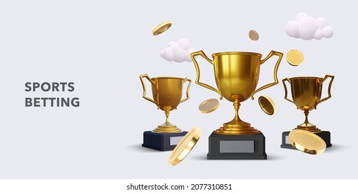 Online sports betting banner concept with goblets and coins in a realistic style. Vector illustration