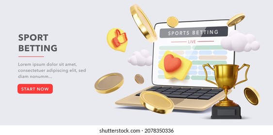 Online sports betting banner concept  Lapotop and coins   goblet in realistic style  Vector illustration