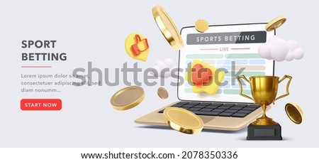 Online sports betting banner concept. Lapotop with coins and a goblet in a realistic style. Vector illustration