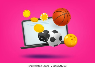 Conceito de apostas esportivas on-line com laptop. ilustração de vetor 3d