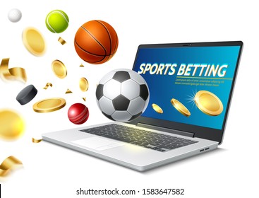 Online Sports Betting Concept With Realistic Laptop With Basketball, Football Tennis And Other Balls Flying Away From Laptop Screen With Golden Coins. Vector Internet Betting Mobile Application.