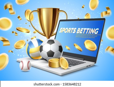 Online sports betting concept with realistic laptop with golden cup trophy, football, volley balls and golden coins flying away from laptop screen. Vector internet betting mobile application.