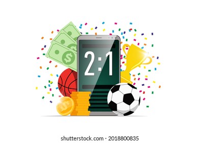 Online Sports Betting Mobile App Banner Design Template. Smartphone With Scoreboard On Screen And Soccer Basketball Balls And Trophy Award Cup And Winner Dollar Coins. Bookmaker Promo Advertising. EPS