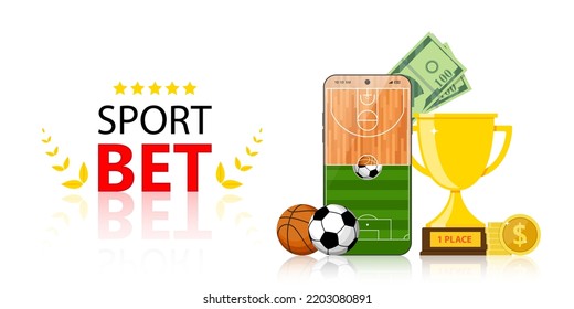 Online sports betting mobile app banner design template soccer basketball balls and trophy award cup and winner dollar coins. Bookmaker promo advertising