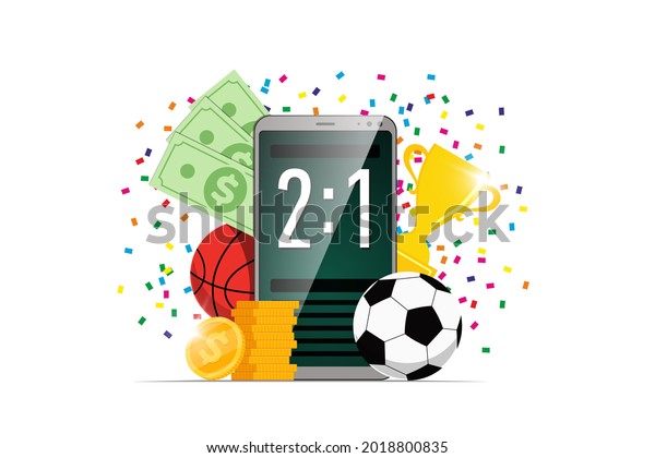 Online sports betting mobile app banner design\
template. Smartphone with scoreboard on screen and soccer\
basketball balls and trophy award cup and winner dollar coins.\
Bookmaker promo advertising.\
EPS