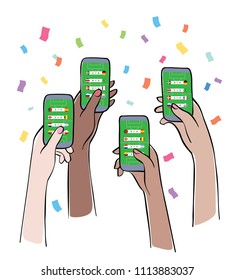 Online Sports Betting - Multiracial people having fun with football (soccer) App on mobile. Hands holding smartphones with confetti on background