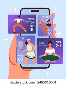 Online sports training. Hand with smartphone with training schedule. Active lifestyle, fitness and sports. Meditation, yoga and tennis. Flat vector illustration isolated on violet background