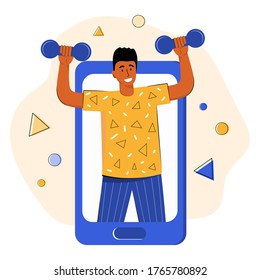 Online sports training. Trainer conducts strength training using a mobile app on smartphone. Fitness exercise with dumbbells. Gym online. Fitness blogger conducts a video broadcast. Sports video blog