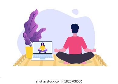 Online sports tutorial, Yoga studios streaming consept. Working out at home. Vector illustration