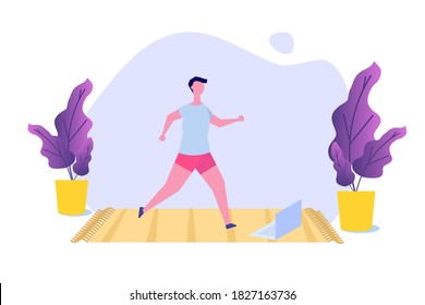 Online sports tutorial, Yoga studios streaming consept. Working out at home. Vector illustration