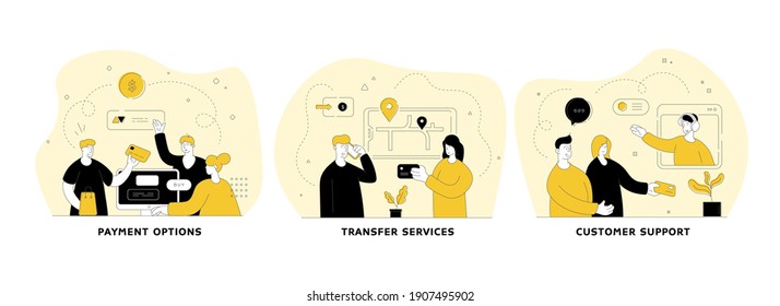 Online srvices flat linear vector illustration set. Payment options, transfer services, customer support. User friendly mobile application. Urban transportation. People cartoon characters