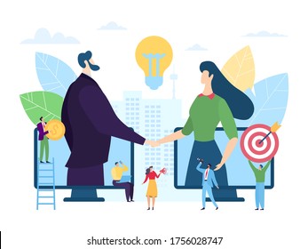 Online startup business partnership, vector illustration. Man woman character handshaking through smartphone screens. Digital agreement with investor and creative founder, professional work.