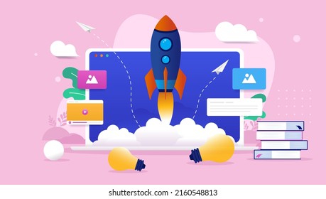 Negocios de inicio en línea - Ejemplo vectorial de la nueva empresa que lanza un servicio digital con un cohete espacial y una computadora portátil