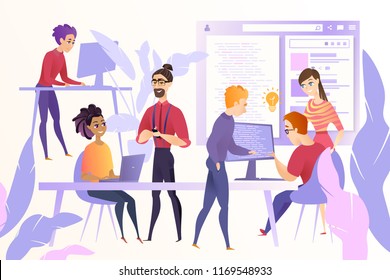 Online Startup Development Cartoon Vector Concept with Young Web Developers, Programmers or Coders Team Working Together at Office, Discussing Ideas, Correcting and Optimizing Code, Developing Website
