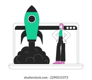 Online-Start-Flachkonzept, Vektorgrafik. Virtual Business Startupper 2D Cartoon Rahmenzeichen auf weiß für Web UI Design. Bearbeitbares Heldenbild für Website-Landung, Mobilfunk-Header