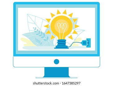 Online Startup Idea Pitch Vector Illustration. Computer in Energy Saving Mode, Environmentally Friendly Technology. Business, Company Advertisement, Ad on Website. Lightbulb on Computer Screen