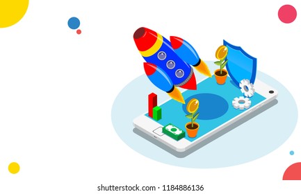 Online startup, isometric smartphone with essential business start up equipments on screen. Responsive web banner design.