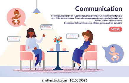 Online Startup or Social Network, Communication Service for Pregnant Trendy Flat Vector Web Banner, Landing Page. Pregnant Women, Friends Gathering Together and Talking in Cafe or Home Illustration