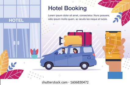 Online Startup for Traveling People, Web Service for Tourists, Hotel Room Booking Trendy Flat Vector Advertising Banner, Promo Poster Template. Tourists Couple Arriving to Hotel on Car Illustration