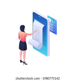Instrucción en línea con ilustración isométrica del documento. El análisis de caracteres femeninos analiza la hoja de registros web recibidos de la aplicación de smartphone. Concepto de vector de datos de contabilidad e ingresos financieros.