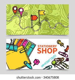 Online stationary shop for office supplies 2 flat horizontal banners with paper clips abstract isolated vector illustration