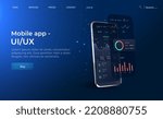 Online statistic, data Analytics and finance and trading mobile app. Smartphone app and UI, UX, KIT presentation mobile application. Analysis trends and financial strategy. Vector illustration