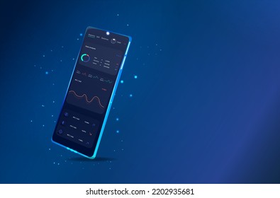 Online statistic, data Analytics and finance and trading mobile app. Smartphone app and UI, UX, KIT presentation mobile application. Analysis trends and financial strategy. Vector illustration