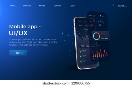 Online statistic, data Analytics and finance and trading mobile app. Smartphone app and UI, UX, KIT presentation mobile application. Analysis trends and financial strategy. Vector illustration