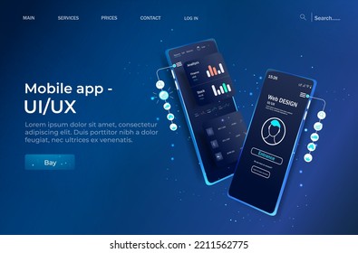 Online statistic, data Analytics and finance and trading mobile app. Smartphone app and UI, UX, KIT presentation mobile application. Analysis trends and financial strategy. Vector illustration