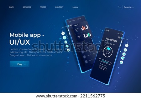 Online statistic, data Analytics and finance and trading mobile app. Smartphone app and UI, UX, KIT presentation mobile application. Analysis trends and financial strategy. Vector illustration